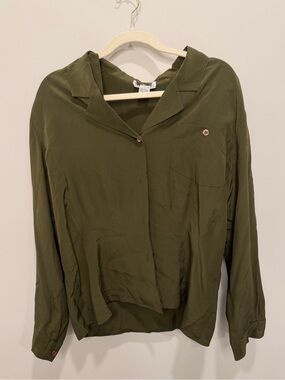 Vintage 100% Silk Olive Green Button Down Blouse Shoulder Pads Womens Size 14